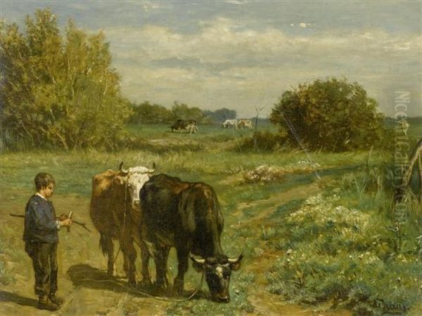 Young Herder With Cows In A Landscape Oil Painting by Johannes-Hubertus-Leonardus de Haas