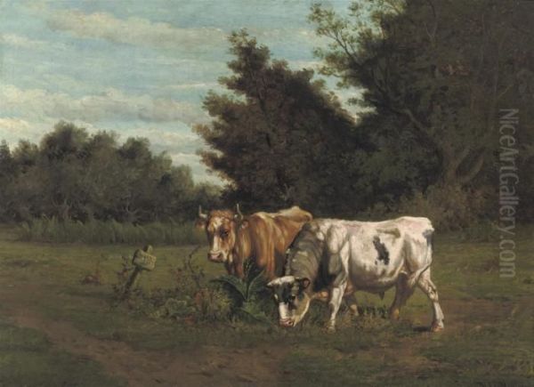 Grazing Cows Oil Painting by Johannes-Hubertus-Leonardus de Haas