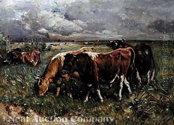 Cattle Grazing Under A Stormy Sky Oil Painting by Johannes-Hubertus-Leonardus de Haas