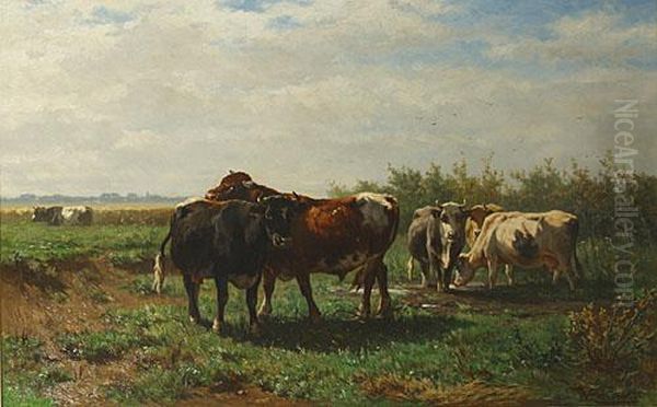 Koeien In Een Landschap. Oil Painting by Johannes-Hubertus-Leonardus de Haas