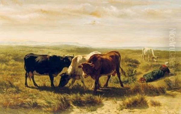 Grazing In The Dunes Oil Painting by Johannes-Hubertus-Leonardus de Haas