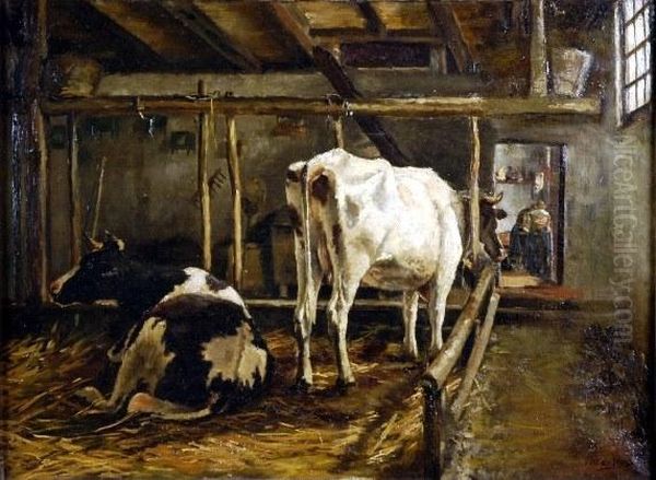 [vaches Dans L'etable] Oil Painting by Johannes-Hubertus-Leonardus de Haas