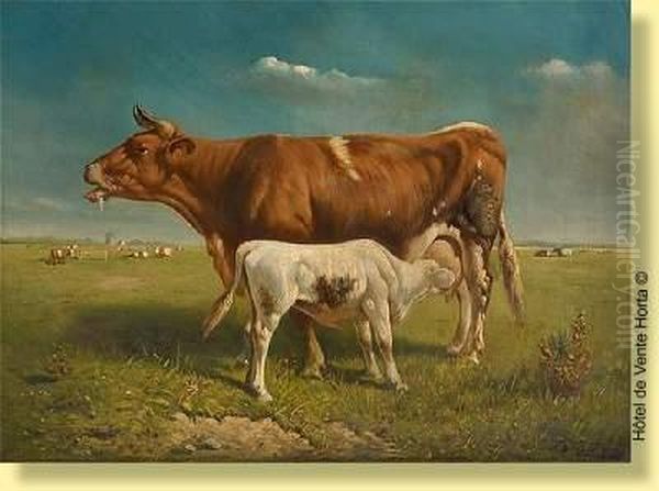 Vache Et Veau Au Paturage Oil Painting by Johannes-Hubertus-Leonardus de Haas