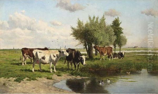 Cows In A Summer Landscape Oil Painting by Johannes-Hubertus-Leonardus de Haas