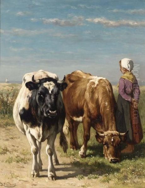 Herdess With Cattle In A Summer Landscape Oil Painting by Johannes-Hubertus-Leonardus de Haas