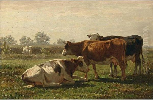 Cows In A Summer Landscape Oil Painting by Johannes-Hubertus-Leonardus de Haas