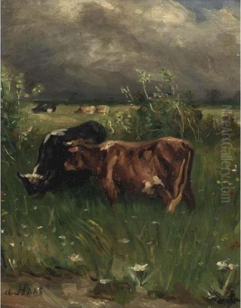 Cows In A Landscape Oil Painting by Johannes-Hubertus-Leonardus de Haas