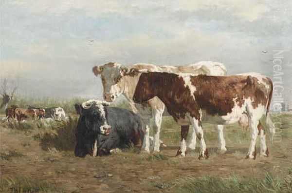 Cows Along A Ditch Oil Painting by Johannes-Hubertus-Leonardus de Haas