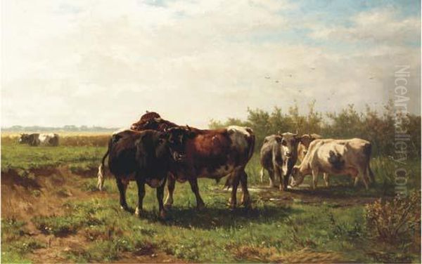 Les Paturages Hollandaises: Cattle In A Meadow Oil Painting by Johannes-Hubertus-Leonardus de Haas