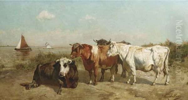 Cows On A Waterside Oil Painting by Johannes-Hubertus-Leonardus de Haas