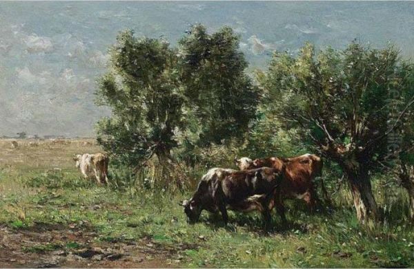 Cows At Pasture Oil Painting by Johannes-Hubertus-Leonardus de Haas