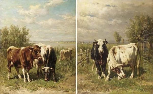 Cows In A Sunlit Riverlandscape; Cows In A Meadow Oil Painting by Johannes-Hubertus-Leonardus de Haas