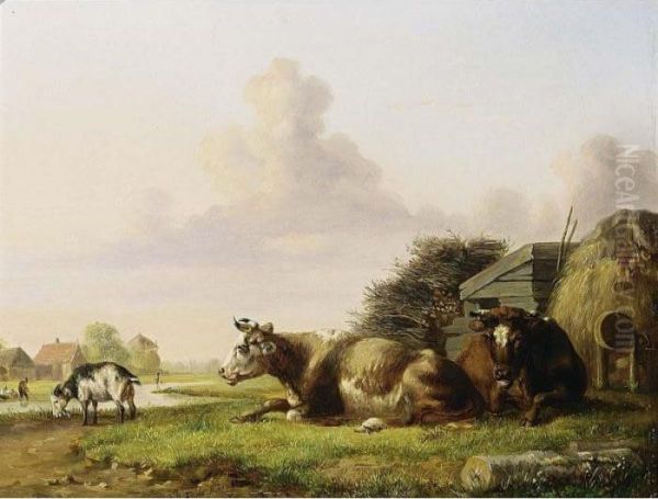 Cows In A Meadow Oil Painting by Johannes-Hubertus-Leonardus de Haas