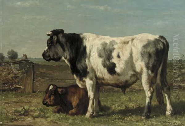 A Bull And A Calf In A Meadow Oil Painting by Johannes-Hubertus-Leonardus de Haas