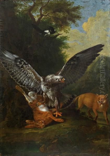 Greifvogel, Hase, Fuchs Und Elster In Bewaldeter Landschaft Oil Painting by Ferdinand Phillip de Hamilton