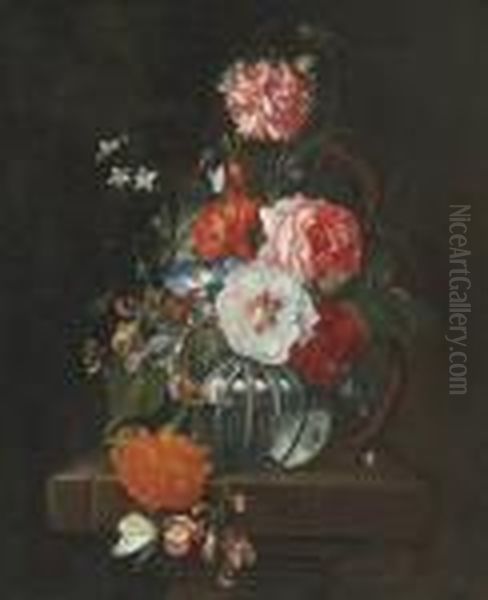 Flowers In A Glass Bowl On A Stone Ledge Oil Painting by David Cornelisz. de Heem