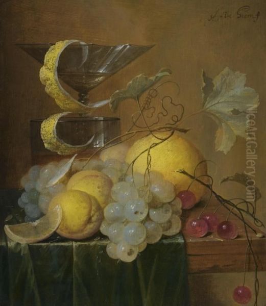 Still Life With A Wine Glass, 
Lemon Peel, Peaches, Grapes And Cherries On The Corner Of A Partly 
Draped Wooden Table Oil Painting by Jan Davidsz De Heem