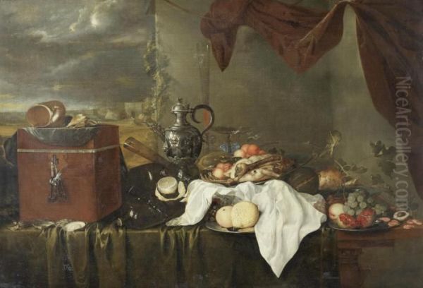 A Still Life Of Shells On A 
Velvet Covered Box, Beside Oysters, A Silver Ewer, Glasses, Bottles, A 
White Cloth And Silver Dishes Of Meat And Fruit On A Table Draped With A
 Green Cloth, Beneath A Mauve Curtain, A View Of A Coastal Landscape 
Beyond Oil Painting by Jan Davidsz De Heem