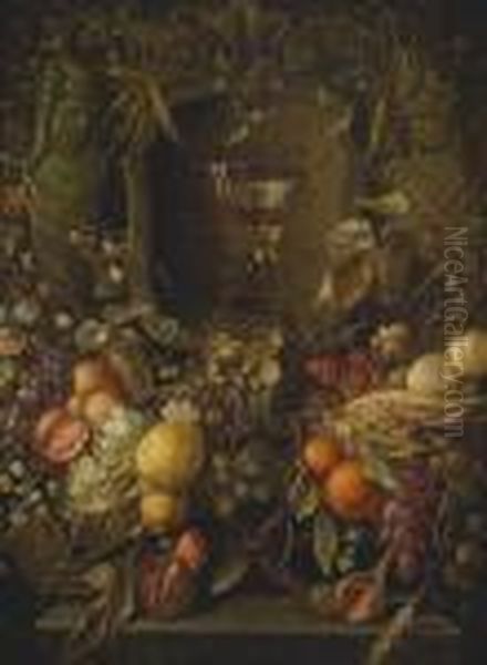 Garlands Of Fruit And Flowers Surrounding A Cartouche Enclosing A Berkemeyer Glass Oil Painting by Jan Davidsz De Heem