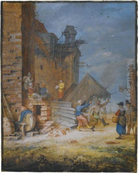 Peasants Dancing And Singing By A Crumbling Castle Oil Painting by Gerrit Adriaensz. De Heer