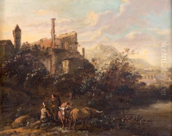 Paysage De Ruines Avec Troupeau Oil Painting by Jacob De Heusch