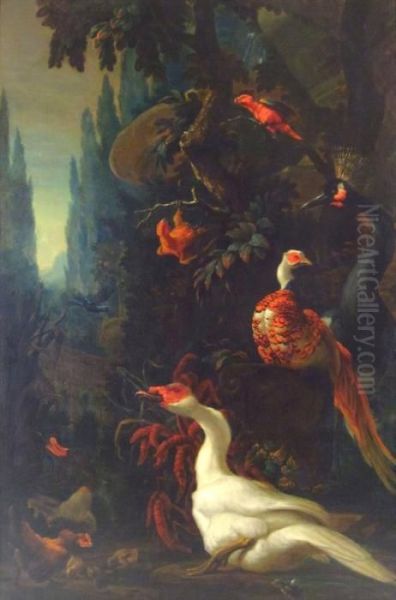 Ornamental Birds In A Landscape Oil Painting by Melchior de Hondecoeter