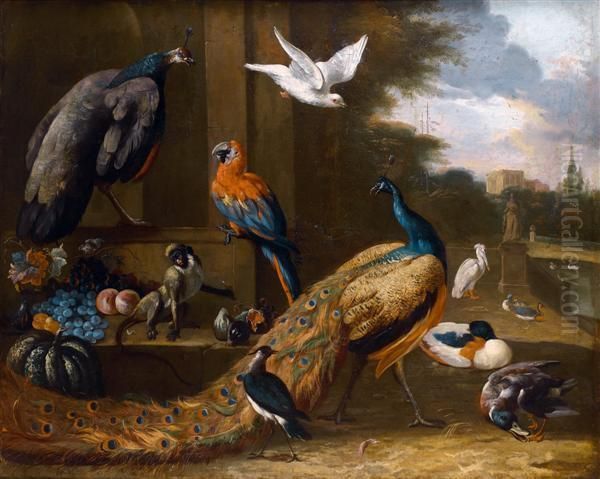 Oiseaux D'ornement : Paons, 
Perroquets, Pelican Et Singe Dans Le Parc D'un Palais Classique Oil Painting by Melchior de Hondecoeter