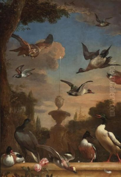 A Classical Garden Landscape 
With A Mallard, A Golden Eagle And Other Wild Fowl In Flight Oil Painting by Melchior de Hondecoeter