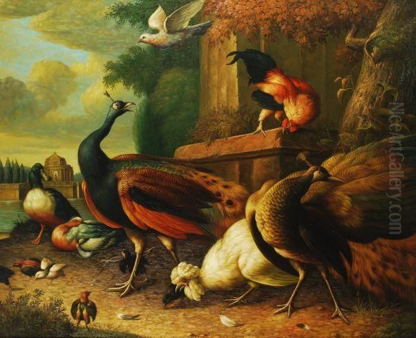 A Peacock And Other Poultry In A Landscape Oil Painting by Melchior de Hondecoeter