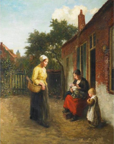 Visiting The New Mother Oil Painting by Bernard Johann De Hoog