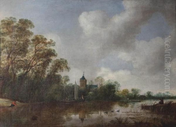 A River Landscape With Various Vessels, A Church Beyond Oil Painting by Reinier Van Der Laeck