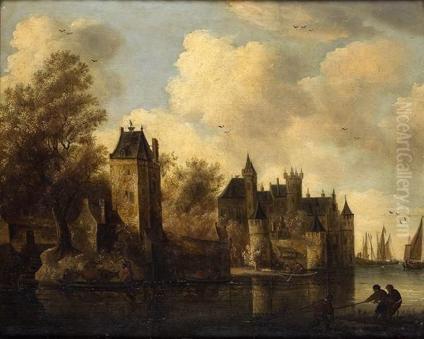 Ville Fortifiee En Bord De Fleuve, Animee De Personnages Oil Painting by Reinier Van Der Laeck