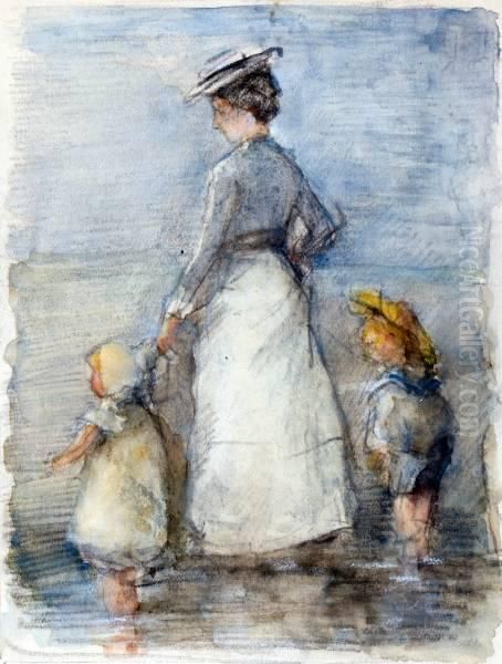 Vrouw Met Kindjes Aan Zee Oil Painting by Johan Antonio de Jonge