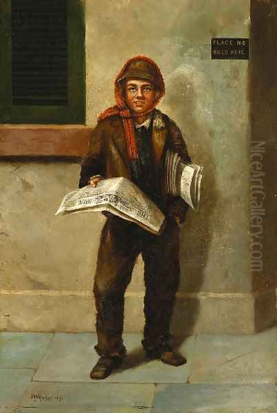 Newsboy Selling the Baltimore Sun Oil Painting by William Aiken Walker