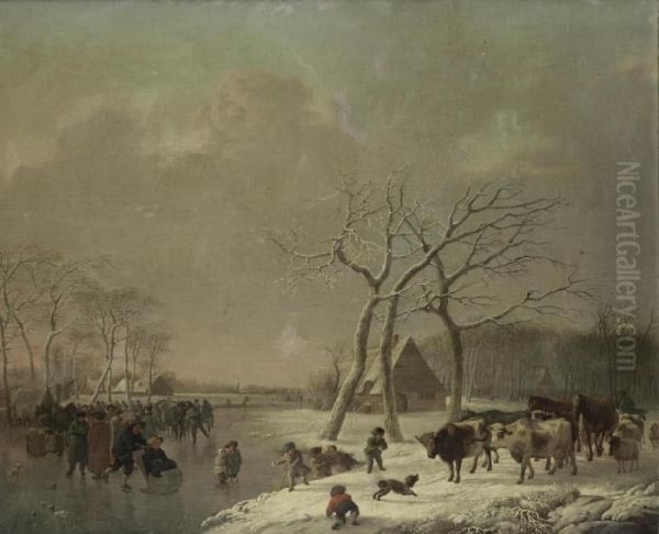 Figures Skating On A Frozen Lake In A Winter Landscape Oil Painting by Leendert de Koningh