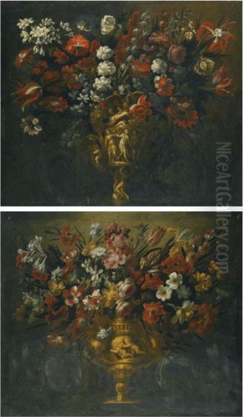 A Pair Of Flower Still Lifes In Sculpted Vases Oil Painting by Gabriel De La Corte