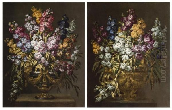 A Pair Of Still Lifes Of Flowers In Elaborate Gilt Urns, Each On A Stone Pedestal Oil Painting by Gabriel De La Corte