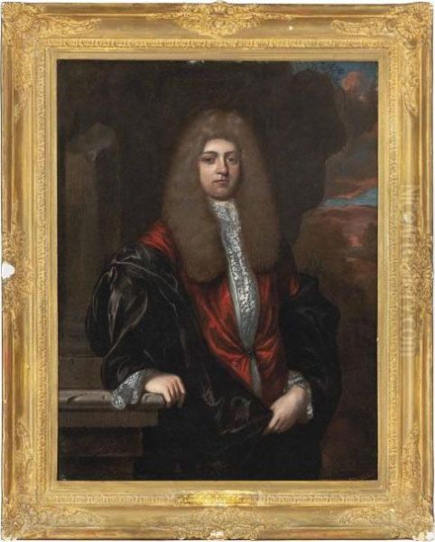 Portrait Of A Gentleman, 
Three-quarter-length, In A Red Coat And Black Robe, In A Landscape Oil Painting by Regnier de La Haye