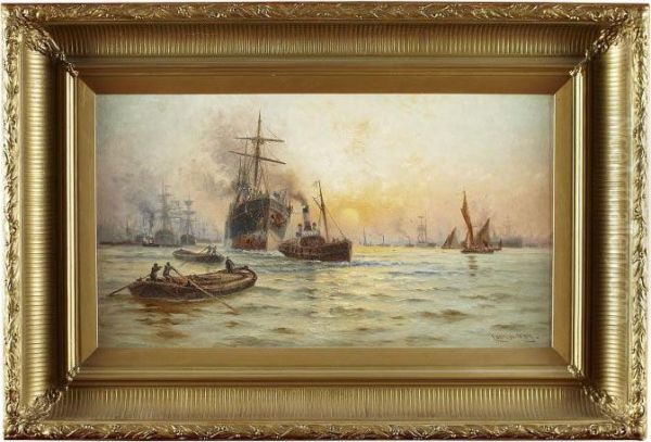 Shipping On The Thames At Sunset Oil Painting by Charles John de Lacy