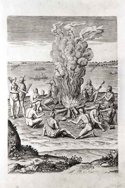 Indians praying around a fire, engraving from Hariot's A Briefe and True Report of...Virginia, 1590, engraved by Theodor de Bry (1528-98) Oil Painting by John White