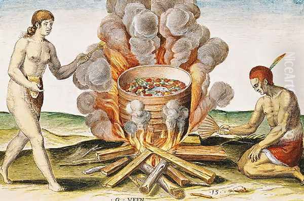 Cooking Food in a Terracotta Pot, from Admiranda Narratio... , engraved by Gysbert van Veen (1562-1628) engraved by Theodore de Bry (1528-98) 1585-88 Oil Painting by John White