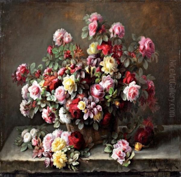 Panier De Roses Sur Un Entablement Oil Painting by Paul De Longpre