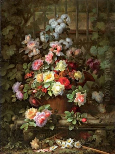 Bouquet De Roses Sur Un Entablement Oil Painting by Paul De Longpre