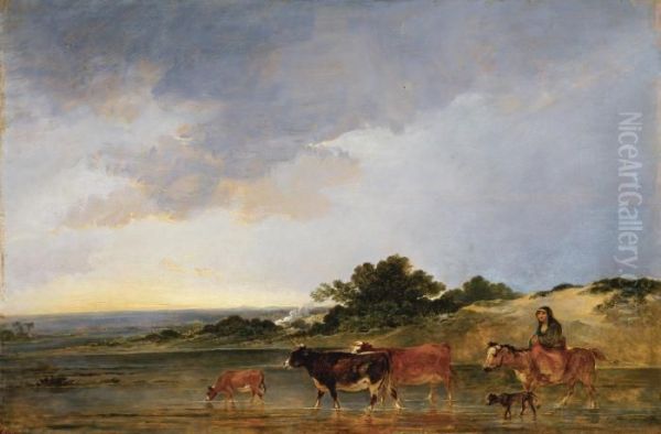 A Mounted Peasant And Her Cattle Fording A Stream Oil Painting by Loutherbourg, Philippe de