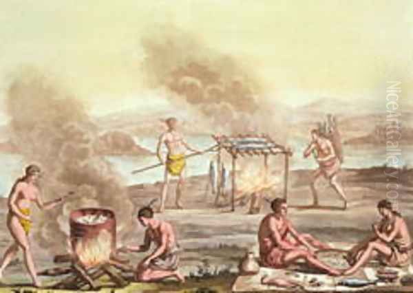 Indigenous natives from Florida preparing and cooking food Oil Painting by John White