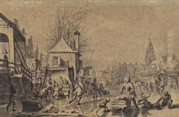 Scene De Patinage Dans Un Village Oil Painting by Hendrik Meijer