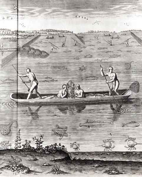 How Indians Catch fish, from Hariot's A Briefe and True Report of ... Virginia, 1590, written and engraved by Theodor de Bry (1528-98) Oil Painting by John White