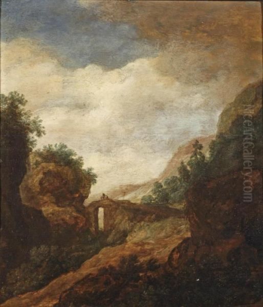 A Landscape With A Horse Rider On A Bridge Oil Painting by Pieter De Molijn