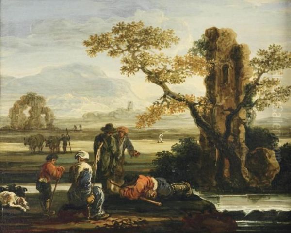 An Italianate Landscape With Herdsmen Resting Near A Ruined Tower Oil Painting by Francois de Nome (Monsu, Desiderio)