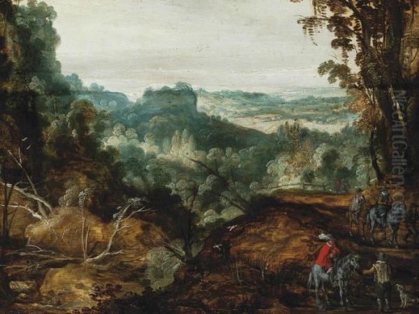 A Extensive Wooded Landscape With Travellers On A Track Oil Painting by Joos De Momper